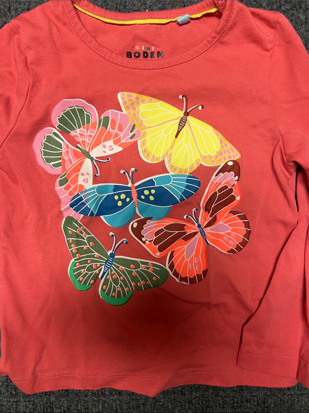 Boden Coral Long-Sleeve Tee with Multicolor Butterfly Motif